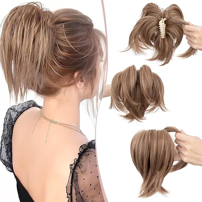 Claw Clip Short Ponytail Hair Extensions Messy Bun Hair Piece Pony Tails Hair Extensions with Bendable Metal Wire Hair Pieces DIY Style 8 Inch 12H24 Caramel Brown & Mousy blonde