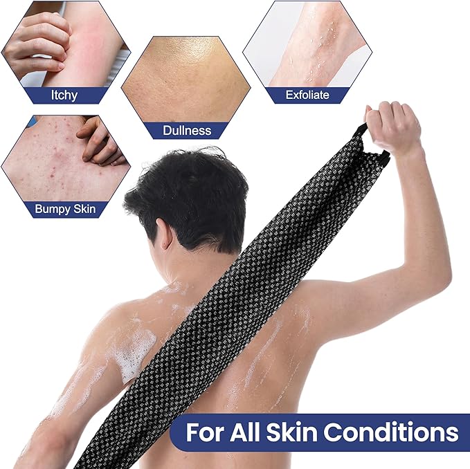 Japanese Exfoliating Loofah Back Scrubber - Shower Bath Towel for Men & Women (2 Pack Black, 33.4" x 11.8")