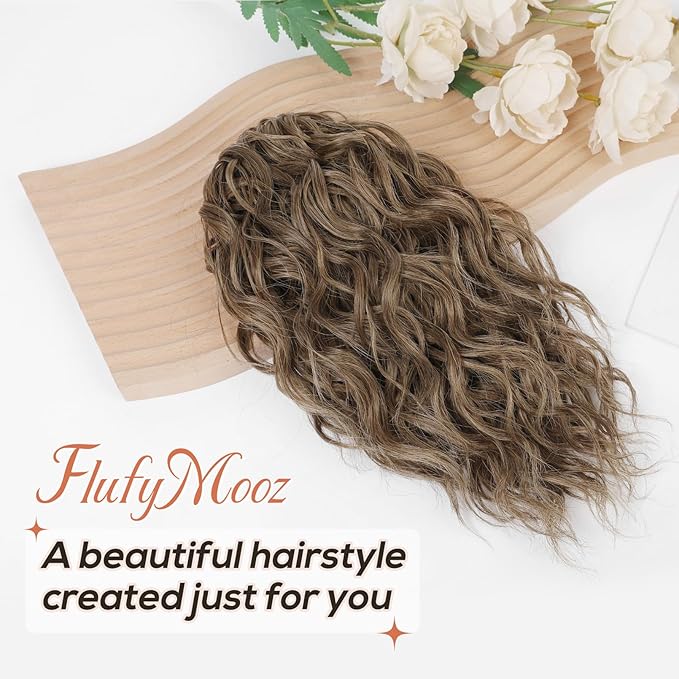 Flufymooz Ponytail Extension, 12" Short Claw Ponytail Extension Wavy Curly Jaw Clip in Pony Tail Hairpiece Natural Synthetic Hairpiece for Women (Brown Ash Blonde)