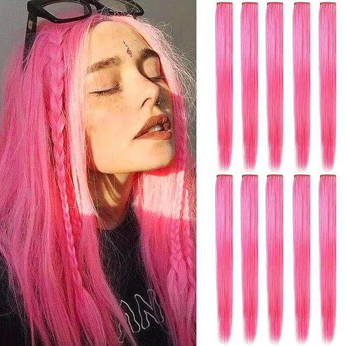 10PCS 20Inch Pink Hair Extensions for Girls Wig Pieces Clip in Coloured Hair Extensions for Women Colorful Hairpieces Party Highlights Synthetic Multiple Colors