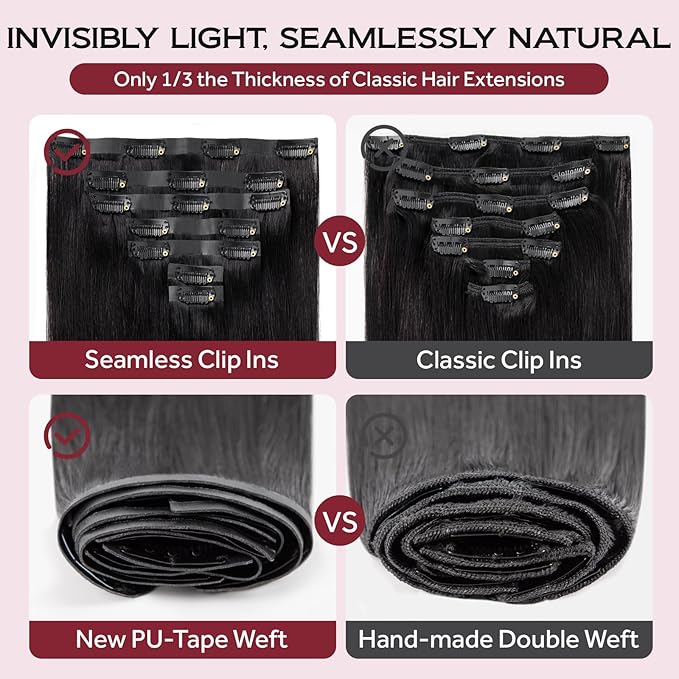 Clip in Hair Extensions Real Human Hair Natural Black Seamless Clip In 100% Remy Hair Extensions PU Skin Weft Add Volume Invisible for Long Straight Hair #1B 18Inch 120G 8PCS