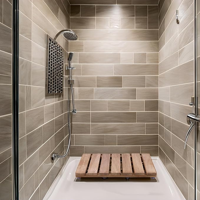 Natural Teak Wood Shower Bath Mat, 20.67 * 14.76 Inches, Non-Slip Rubber Feet, Premium Wooden Floor Mats for Spa, Sauna, Pool and Hot Tub, Flooring Decor and Protector, Indoor and Outdoor Use.