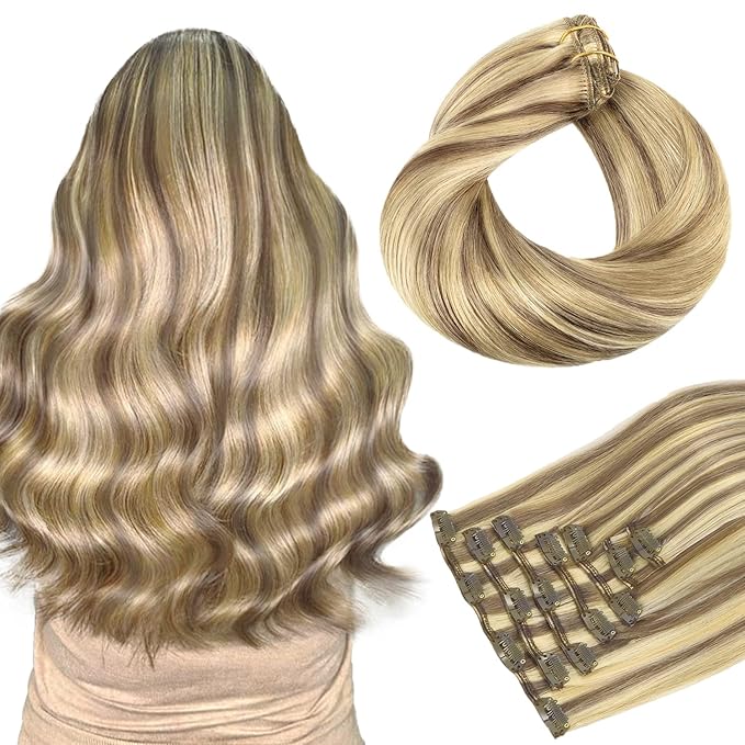 HOTBANANA Human Hair Clip in Hair Extensions, Ash Brown Highlighted Golden Blonde Hair Extensions 120g Clip in Hair Extensions Real Human Hair Straight Remy Hair Clip Ins 18 Inch 7pcs