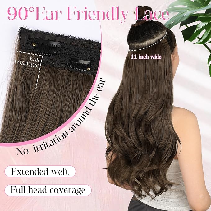 Invisible Wire Hair Extensions with Transparent Wire Adjustable Size 4 Secure Clips Long Wavy Secret Hairpiece 16 Inch for Women(Medium Brown)