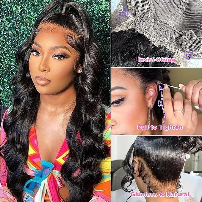 Aicrelery Hidden Strap 360 Lace Front Wigs Human Hair Body Wave HD Lace Front Wigs Pre Plucked with Baby Hair Drawstring 360 Frontal Glueless Wigs for Women 180 Density 360 Lace Wig 24 inch
