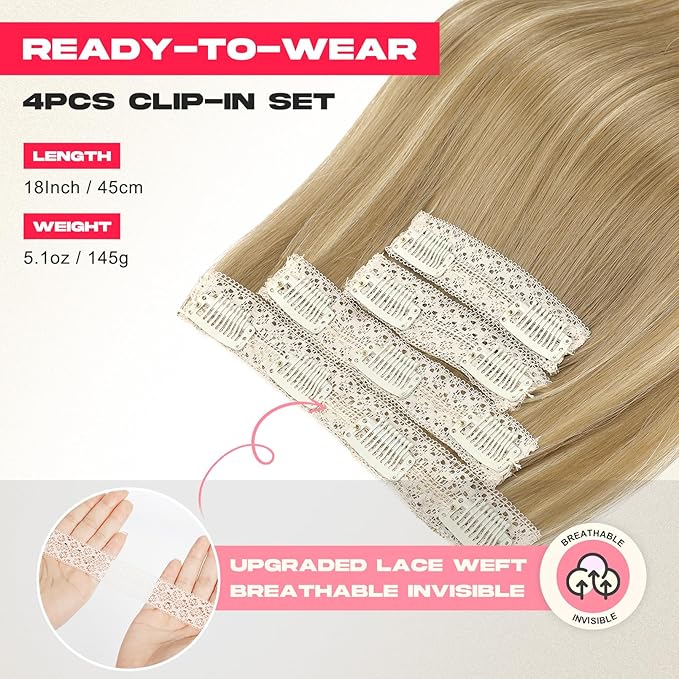 Hair Extensions, 4PCS 18" Clip in Hair Extensions Layered Cut Natural Lightweight Hairpieces with Thinner Softer Invisible Weft for Women - Golden Blonde with Highlights