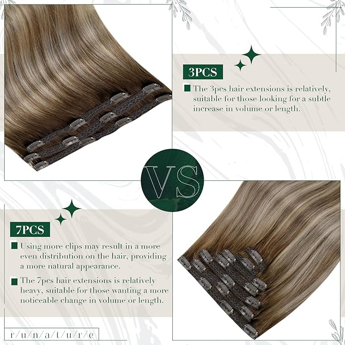 RUNATURE Clip in Hair Extensions Human Hair Balayage Clip in Human Hair Extensions for Women Soft Remy Natural Hair Straight 14 Inch 50g 3pcs #3/8/22 Walnut Brown to Blonde Balayage