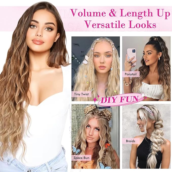 Hair Extensions, REECHO 9PCS Clip in Hair Extensions 24" Thick Long Mini Mermaid Wave Luxurious Lightweight Japanese Technology HYOUITSU Fiber Invisible Soft Lace Weft - HE009 Platinum Blonde