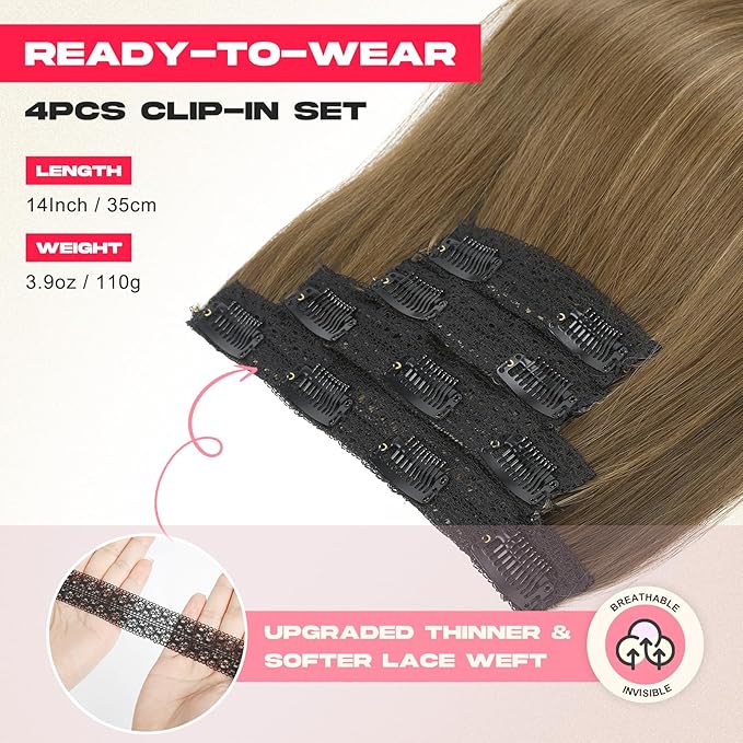 Hair Extensions, 14" Short Clip in Hair Extensions 4PCS Straight Natural Soft Synthetic Hairpiece for Women - Chocolate Brown with Highlights