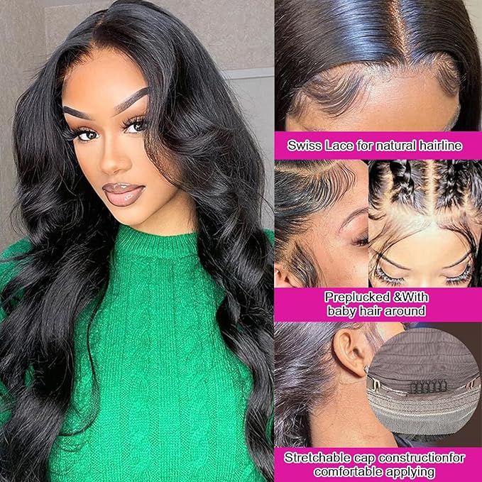 Aicrelery 28 Inch 13x6 Body Wave Lace Front Wigs for Women Human Hair 13x6 HD Lace Front Wigs Human Hair Pre Plucked Bleached Knots With Baby Hair 180 Density Body Wave Frontal Wig (Natural Color)