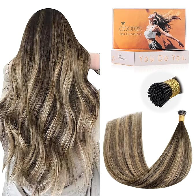 DOORES I Tip Human Hair Extensions - Balayage Chocolate Brown to Honey Blonde, 22 Inch, 50g/50s - Remy Cold Fusion Straight Itip