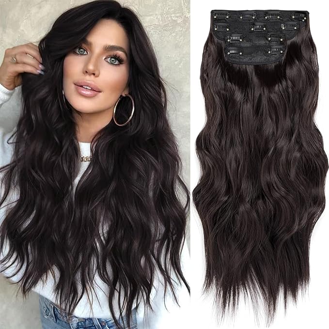 Dark Brown Clip in Hair Extensions 20 Inch Long Wavy Hair Extensions for Women Natural Synthetic Hairpieces 4 Pcs
