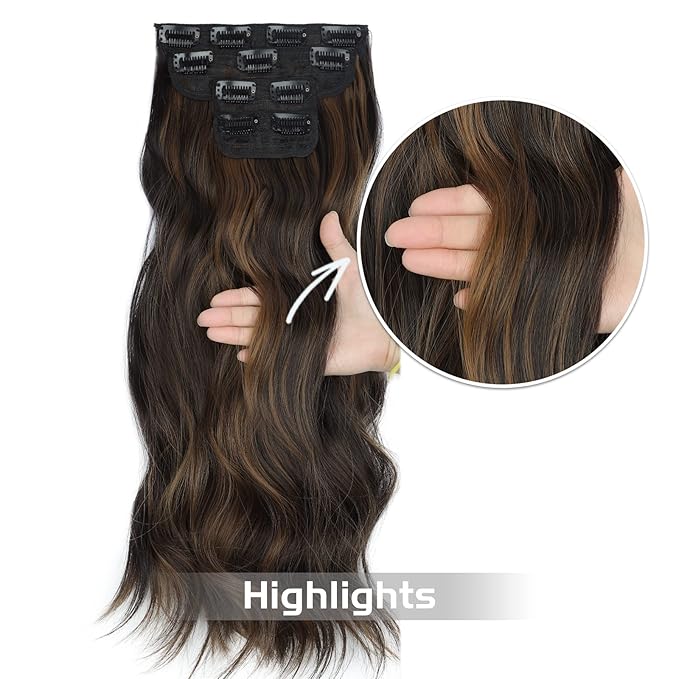 Vigorous Clip in Hair Extensions Black&Dark mix light brown Hair Extensions Clip ins 4PCS Thick Synthetic Wavy hair for Women