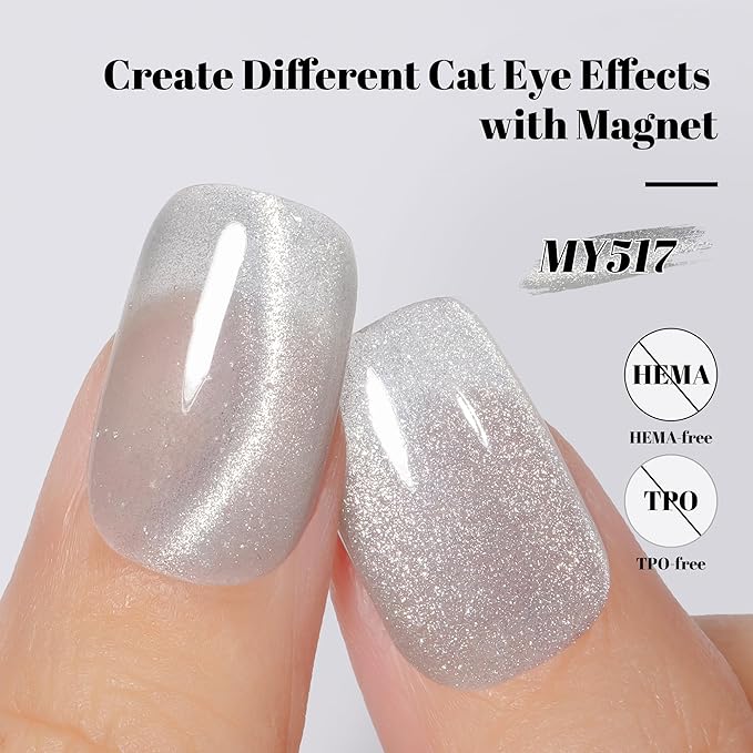 YTD Likomey Cat Eye Gel Nail Polish,Crystal 15ml Silver Magnetic Shimmer Shimmer Glitter Translucent Jelly Shiny Fall Winter Salon Home UV Nail Varnish with Magnet Stick,HEMA Free TPO Free,MY517