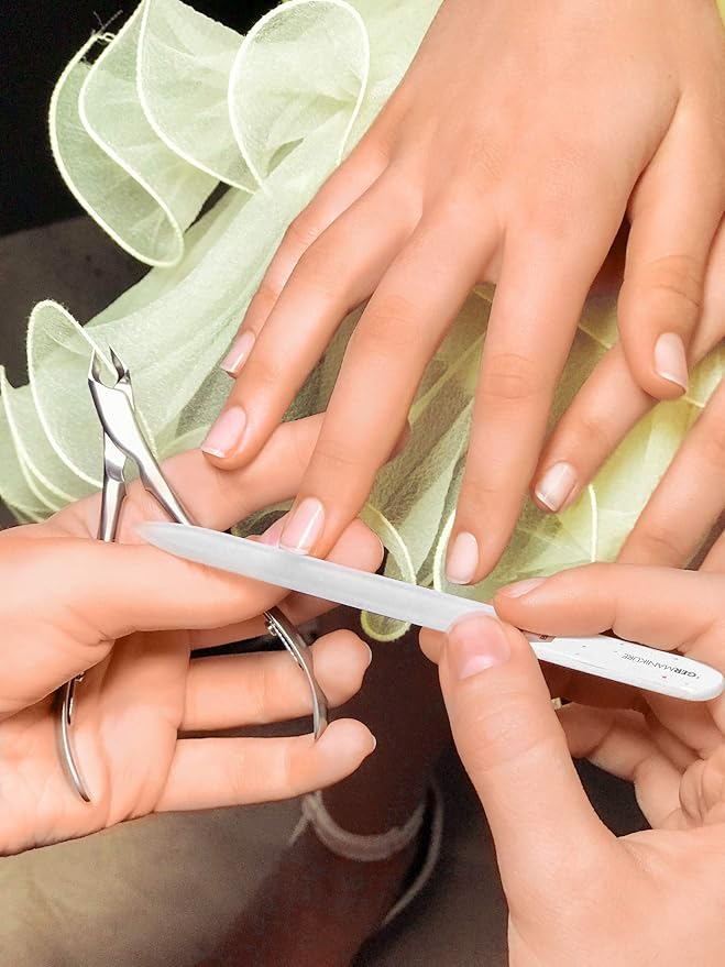 GERMANIKURE 6pc Manicure Set in Purple Suede Case - FINOX Stainless Steel Tools Made in Germany, Glass Nail Care Supplies Made in Czech Republic – Professional Cuticle and Nail Care Kit