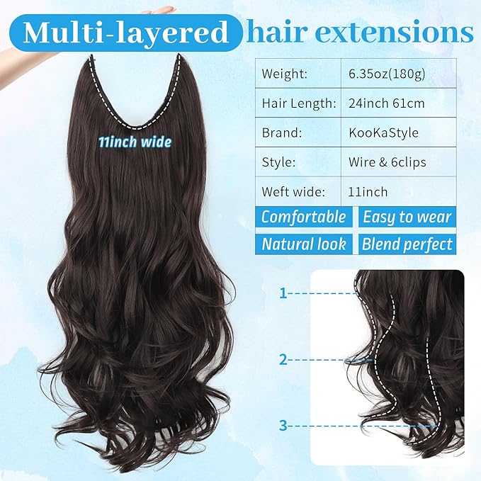 KooKaStyle Invisible Wire Hair Extensions 24‘’ Long Wavy Layered Synthetic Clip in Hair Extensions with Transparent Wire Adjustable Size 6 Secure Clips Dark Brown Thick Hairpieces for Women 24Inch
