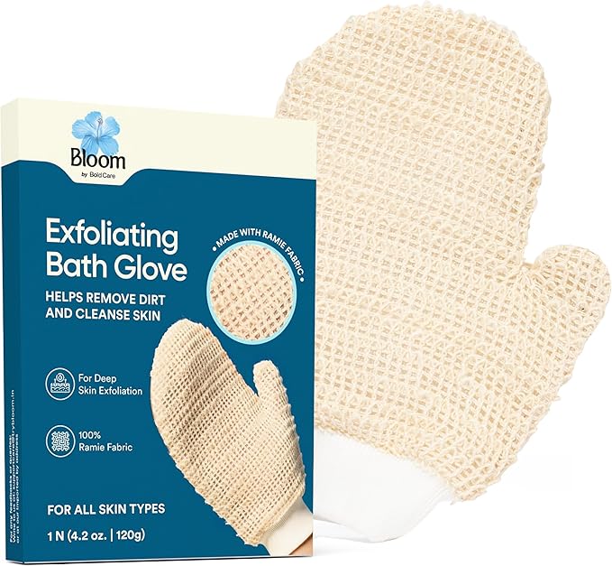 Bloom Exfoliating Bath Glove | 1 Glove | for Exfoliation & Strawberry Legs | Gently Removes Dead Skin Cells | 100% Ramie Fabric | Prevents Ingrown Hair & Body Acne| for Sensitive Skin