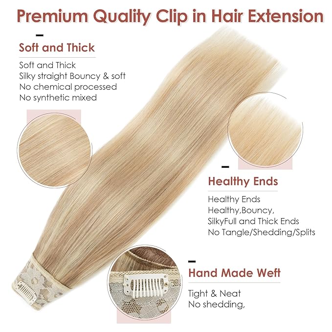 Benehair One Piece Clip in Hair Extensions Real Human Hair 3/4 Full Head V Shaped Weft Thicker Hair Lace Net One Piece Hair Extensions with 5 Clips (14"-55g #18P613 Ash Blonde Mixed Bleach Blonde)
