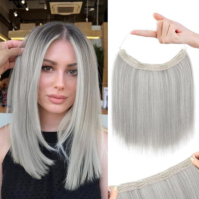 REECHO 12" Invisible Wire Hair Extensions with Thinner Softer Lace Weft Adjustable Size Removable Secure Clips in Short Straight Secret Hairpiece for Women (Grey)