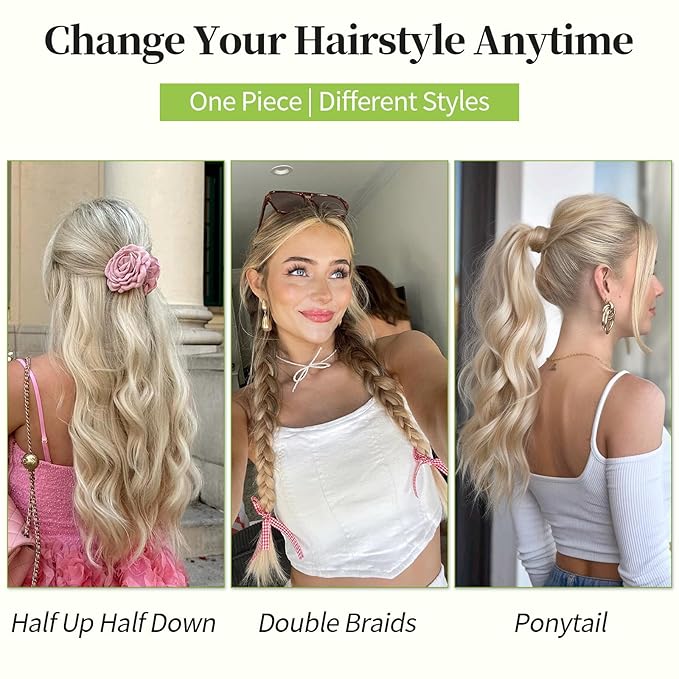 KooKaStyle Invisible Wire Hair Extensions with Transparent Wire Headband Adjustable Size 4 Secure Clips Long Wavy Synthetic Hairpiece for Women(20inch Beige Blonde mix Lvory Blonde Highlights)