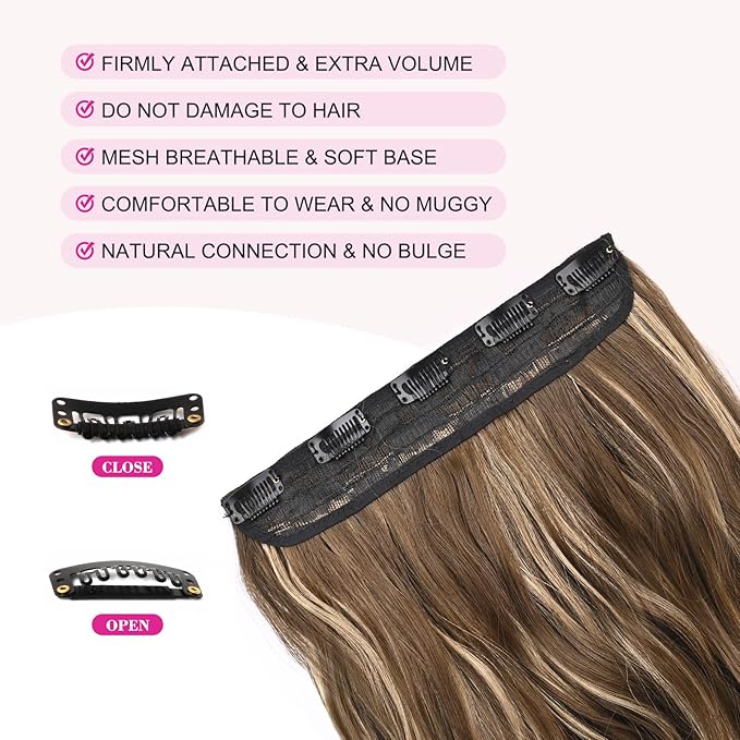REECHO 20" 1-pack 3/4 Full Head Curly Wave Clips in on Synthetic Hair Extensions HE008 Hair pieces for Women 5 Clips 4.5 Oz Per Piece - Chocolate Brown with Blonde Highlights