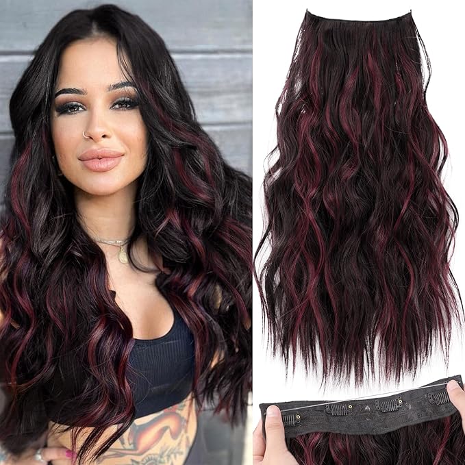 KooKaStyle Invisible Wire Hair Extensions with Transparent Headband Adjustable Size 4 Secure Clips Long Wavy Secret Wire Hairpiece 20 Inch Burgundy mix Dark Brown for Women