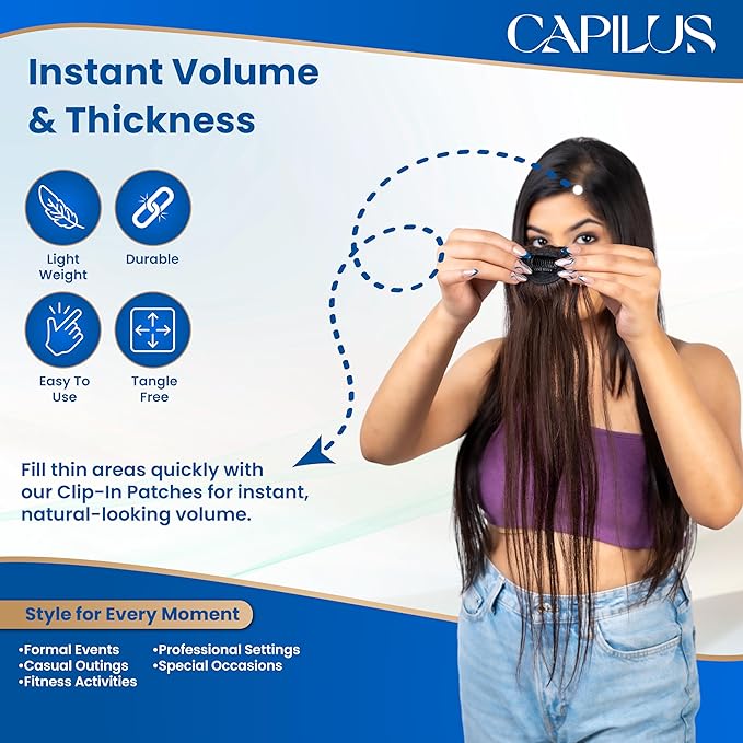 Capilus Invisible Hair Patch (Natural Brown, 12 Inch 1 Pack) | 100% Indian Human Hair Extensions for Women & Girls | Natural-Looking Volumizer | Undetectable, Durable & Non-Damaging Clip Mechanism