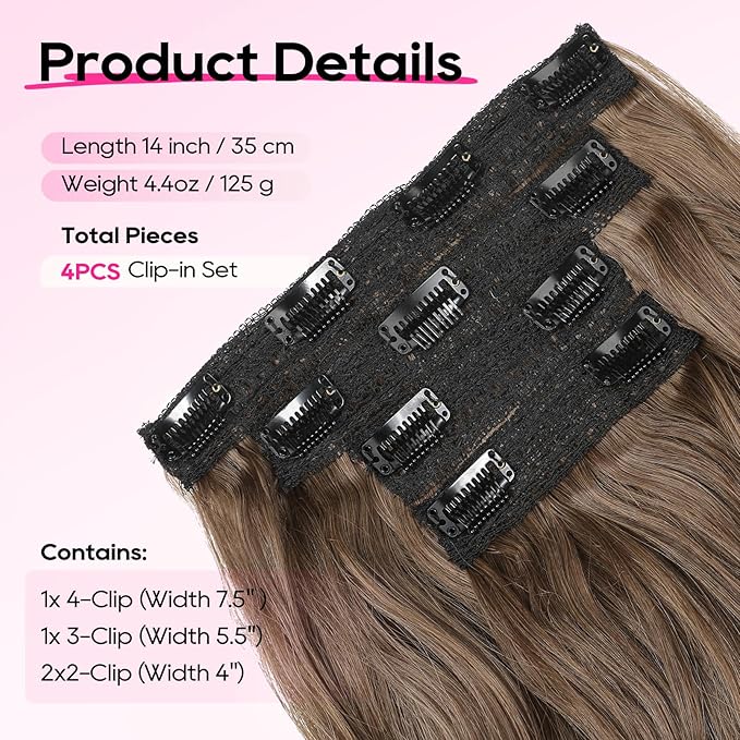 REECHO Clip in Hair Extensions - 14" Short Beach Wavy Hairpieces - Invisible Lace Weft - Natural Soft - Light Brown