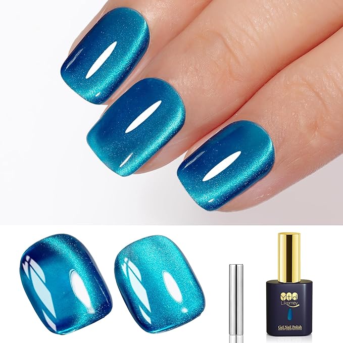 YTD Likomey High Shine Glass Cat Eye Gel Nail Polish,15ml Bright Blue Magnetic Shimmer Glitter Translucent Jelly Salon Home Fall Winter UV Color Varnish with Magnet Stick,HEMA Free TPO Free,MY505