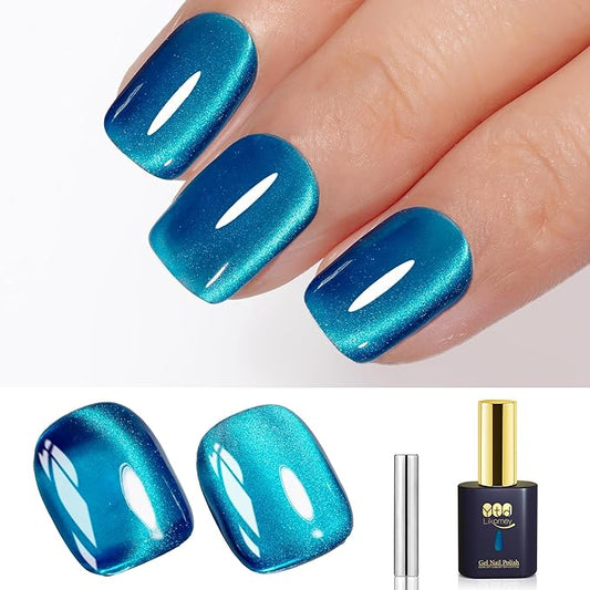 YTD Likomey High Shine Glass Cat Eye Gel Nail Polish,15ml Bright Blue Magnetic Shimmer Glitter Translucent Jelly Salon Home Fall Winter UV Color Varnish with Magnet Stick,HEMA Free TPO Free,MY505