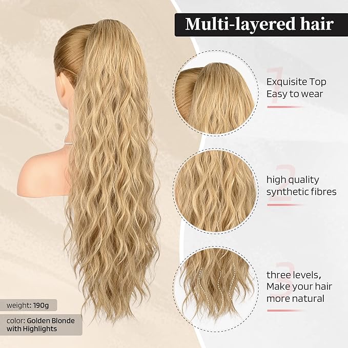 FLUFYMOOZ Ponytail Extension, 26 Inch Drawstring Ponytail Hair Extensions for Women， Long Curly Wavy Ponytail Natural Synthetic Hairpiece for Women (26“ Golden Blonde with Highlights)