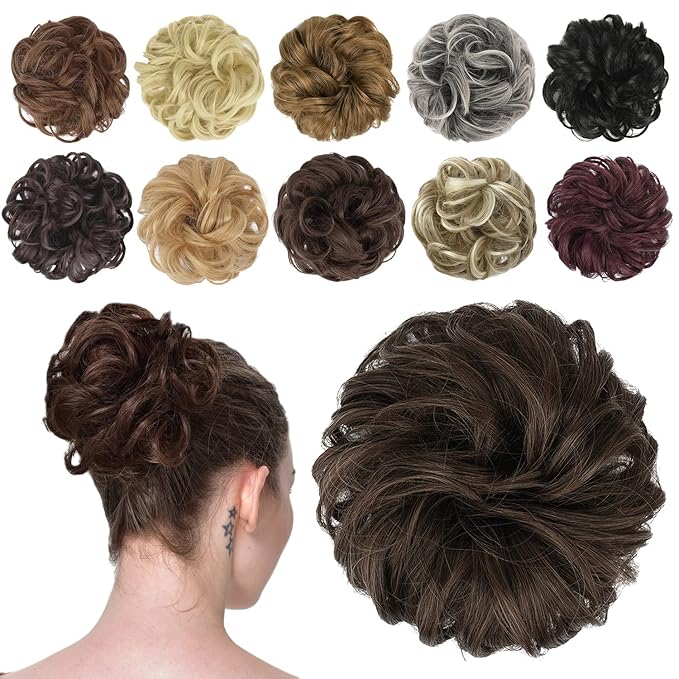 FESHFEN Messy Bun Hair Piece - Elastic Wavy Curly Hair Bun Scrunchies Extensions Synthetic Chignon Hairpieces for Women Girls, Dark Brown & Light Auburn Mixed 1.5 oz