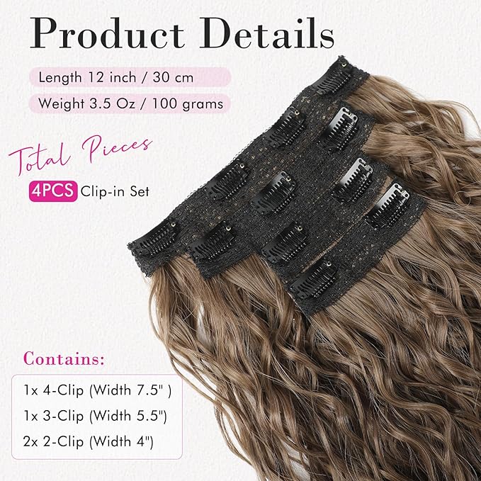 REECHO Clip in Hair Extensions - 4PCS Short Curly Wavy Hairpieces, 12" Invisible Lace Weft, Natural Soft, Light Chestnut Brown