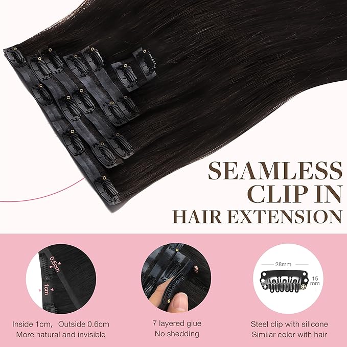GOO GOO Clip in Hair Extensions Real Human Hair, Remy Human Hair Extensions Clip ins for Women, Natural Human Hair, 18inch 110g 7Pcs, 2 Dark Brown