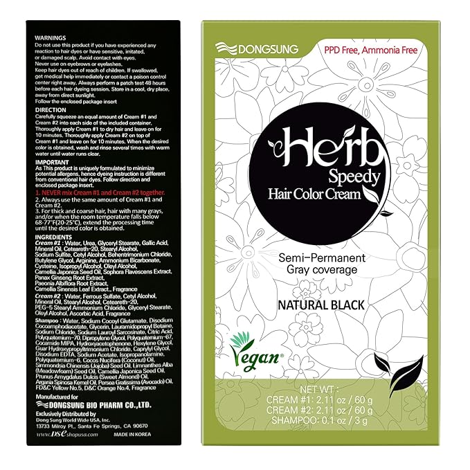 Dongsung Herb Speedy Color Cream Natural Black – Korean Herbal Vegan Hair Dye, PPD-Free, Ammonia-Free, Hypoallergenic – 100% Gray Coverage Odorless Dermatologically Tested Quick 20-Minute Application