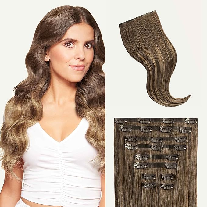 Luxy 100% Remy Human Hair - Seamless Clip-In Hair Extensions - Multi-Dimensional Color for Natural Blending, Adds Volume & Length 50 grams 12" Ash Brown Balayage