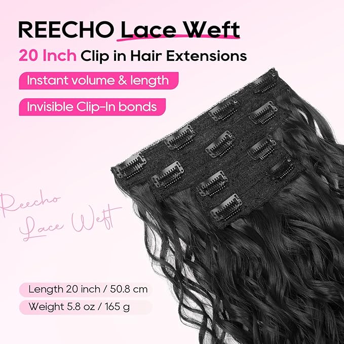 REECHO Curly Hair Extensions, 4PCS 20 inch Clip in Hair Extensions Lace Weft Short Curly Extensions Clip Ins Invisible Natural Hairpieces for Women, Natural Black