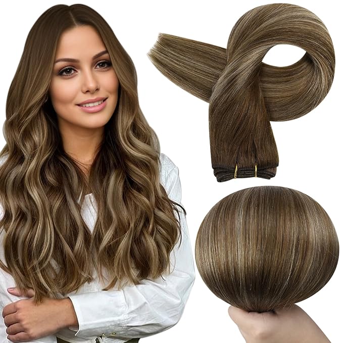 Full Shine Sew In Hair Extensions Ombre Hair Extensions Sew In Color Medium Brown To Blonde Mix Mocha Brown Weft Human Hair Straight Hair Bundles 105G 20 Inch