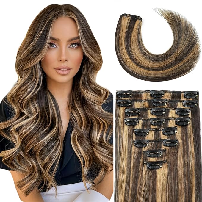 Clip in Hair Extensions Real Human Hair 8pcs Per Set with Double Weft 100% Seamless Hair Extensions for Women #Dark Brown Highlight Chestnut Brown 24inch 120g/4.2oz