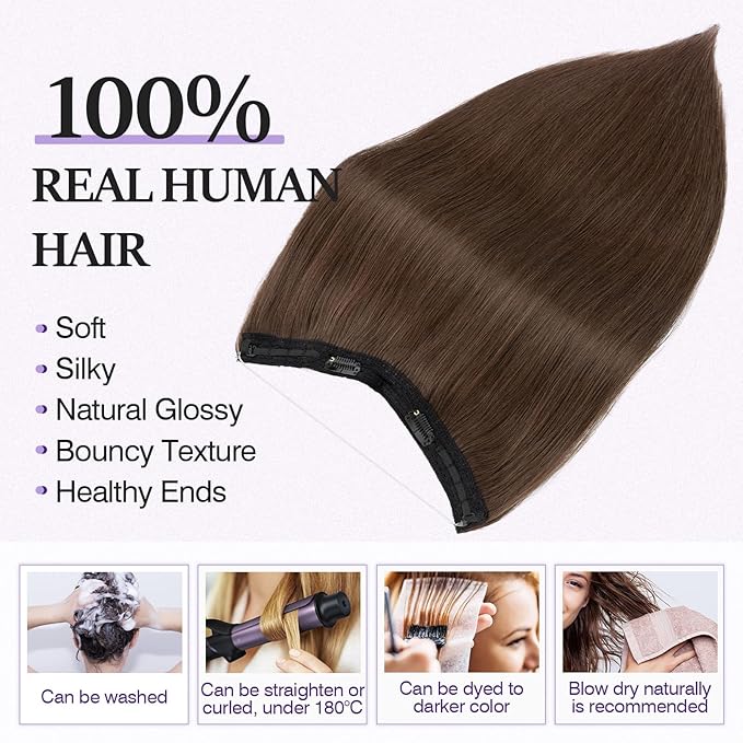 Halo Hair Extensions Real Human Hair,Halo Hair Extension 100% Human Hair, Wire Hair Extensions,Straight Natural Brown 18inch/65g