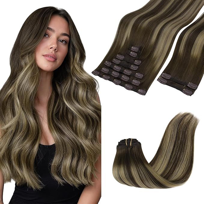 GOO GOO Clip in Hair Extensions Real Human Hair, Remy Human Hair Extensions Clip ins for Women, Natural Human Hair, 24inch 150g 9Pcs, #4/26/4 Balayage Chocolate Brown to Honey Blonde