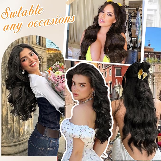 ALXNAN Clip in Long Wavy Synthetic Hair Extension 24 Inch Black Brown 4PCS Thick Hairpieces Fiber Double Weft Hair for Women