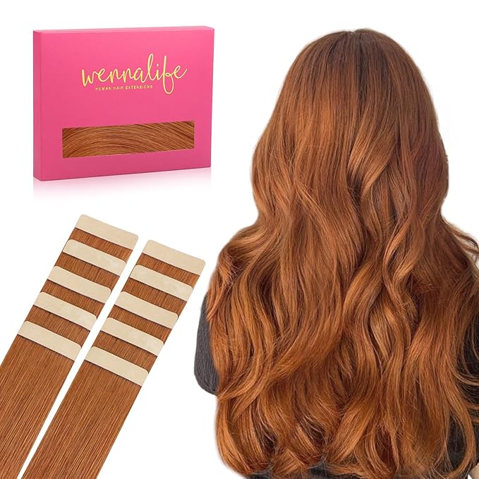 WENNALIFE Tape in Hair Extensions Human Hair Dirty Ginger Tape in Extensions, 10pcs 20g 12 inch Remy Invisible Tape Ins Straight Colored Soft Real Human Hair Tape in Extensions Refill Set Extensions