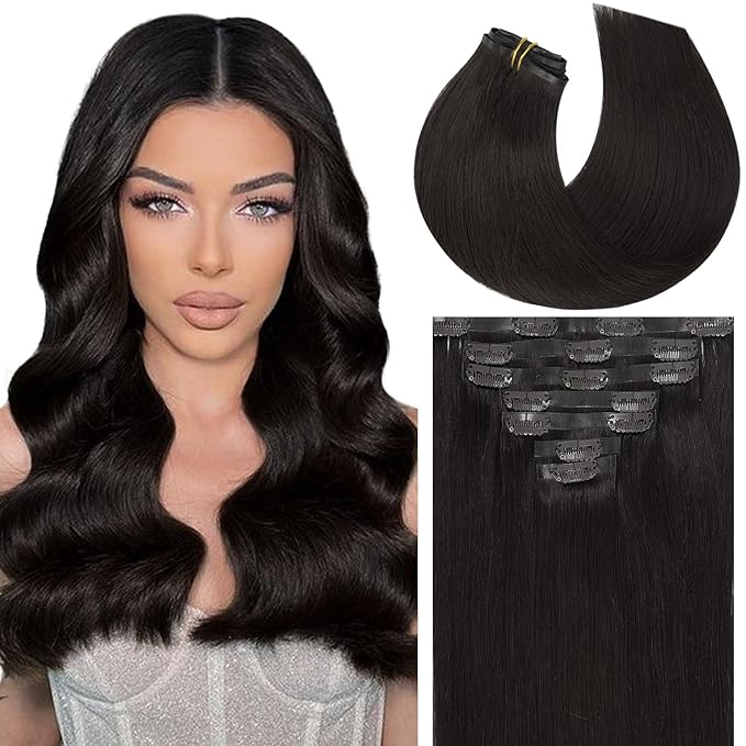 Caliee Seamless Hair Extensions Clip in Human Hair for Women 7Pcs 1B Natural Black Hair Extensions Clip in 110G Double Weft Full Head Not Tangled Silky Clip ins Straight Human Hair 14Inch