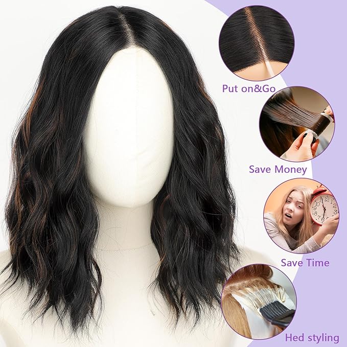 AISI HAIR 14 Inch Black Mix Brown Wigs for Women - Shoulder Length Wave Wig with Pre-Cut Lace Hairline, Middle Part Natural Wavy Bob Synthetic Heat Resistant Fiber for Daily and Party