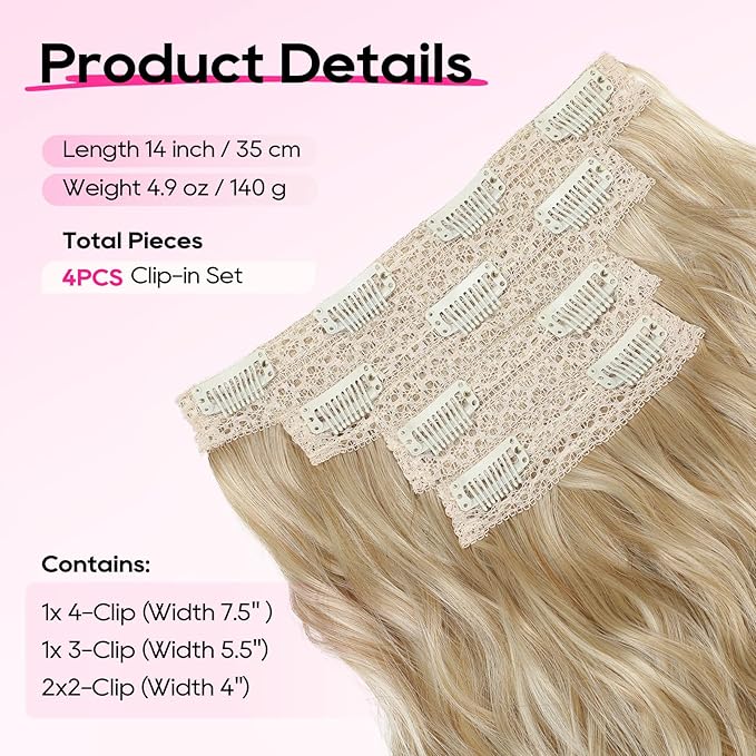 REECHO Clip in Hair Extensions, 4PCS Hair Extensions 14" Short Wavy Invisible Lace Weft Natural Soft Hairpieces for Women – Dark Blonde with Light Ends