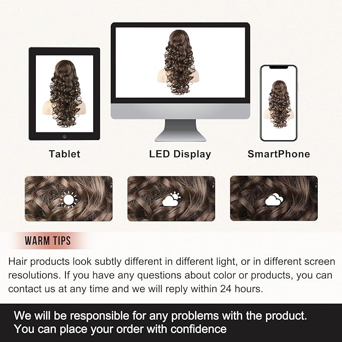Flufymooz Ponytail Extension, 18 inch Wavy Curly Claw Clip Ponytail Extension Clip on Ponytails Natural Synthetic Hairpiece for Women Daily Wear (Chocolate Brown)