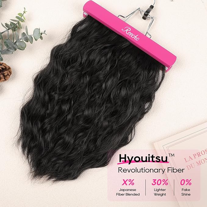 REECHO Clip in Hair Extensions, 4PCS Hair Extensions 14" Short Wavy Invisible Lace Weft Natural Soft Hairpieces for Women – Black Brown