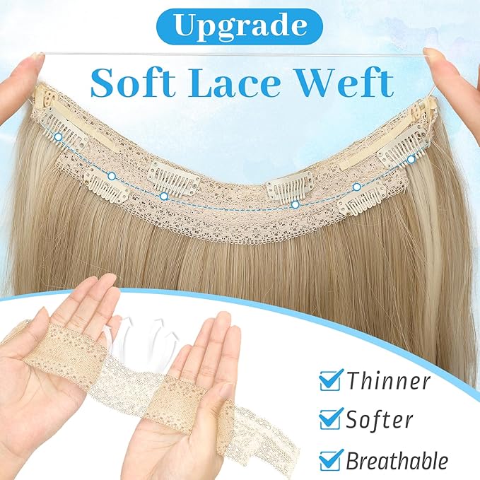 KooKaStyle Invisible Wire Hair Extensions Long Straight Layered Synthetic with Transparent Headband Adjustable Size 6 Secure Clips Hairpieces for Women(20 Inch, H1860A#Beige Blonde)