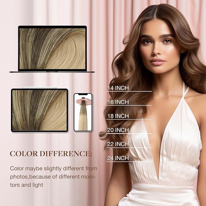 GOO GOO I Tip Hair Extensions - Real Human Hair, 14inch 100g 200S, Cold Fusion, Invisible Remy, 4/18 Balayage Chocolate Brown Highlighted Dirty Blonde